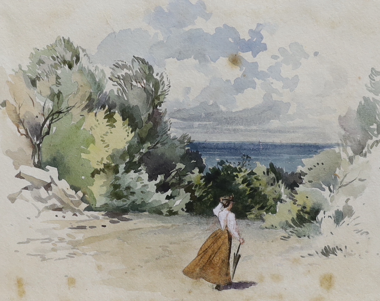 Twelve 19th century watercolours including View on the Thames, Coastal views, boats and landscapes, one titled ‘Evening light at Malvern’, largest 15 x 21cm